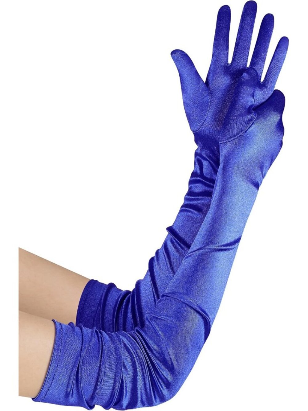 Women Blue Stretchy Satin Upper Arm Length 1920s Flapper Long Opera Gloves